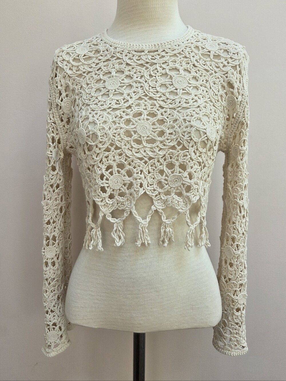 Off-white Floral Open Crochet Long Sleeve Boho Crop Shirt, Size Small